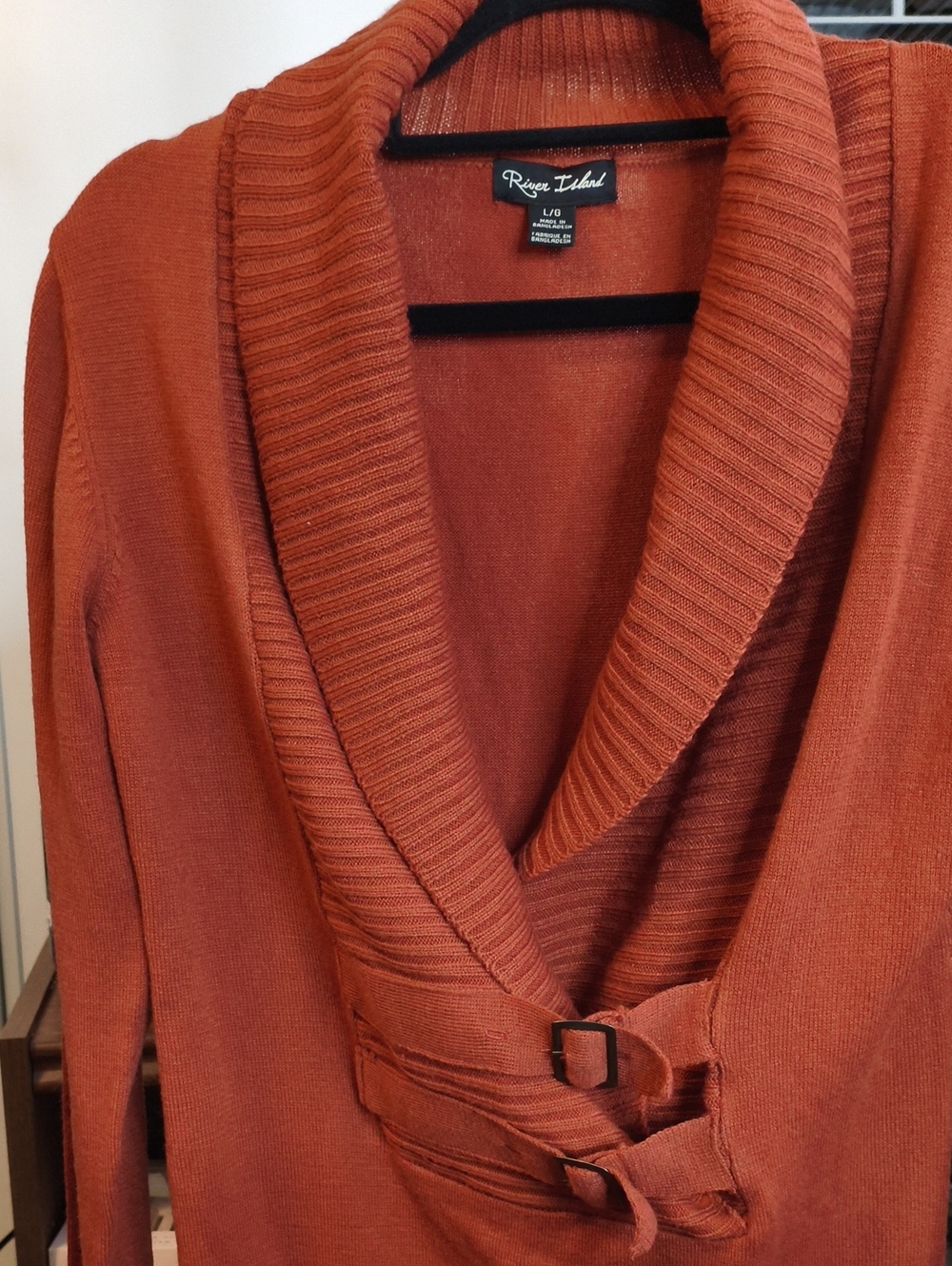 006 — River Island Rust/Burnt Orange Shawl Collar Buckle Sweater – L